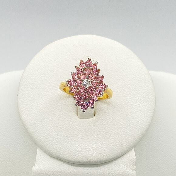 Unbranded Jewelry - Gold and Silver Tone Ring Pink Clear Glass Cubic Zirconia Cocktail Unmarked SZ 7